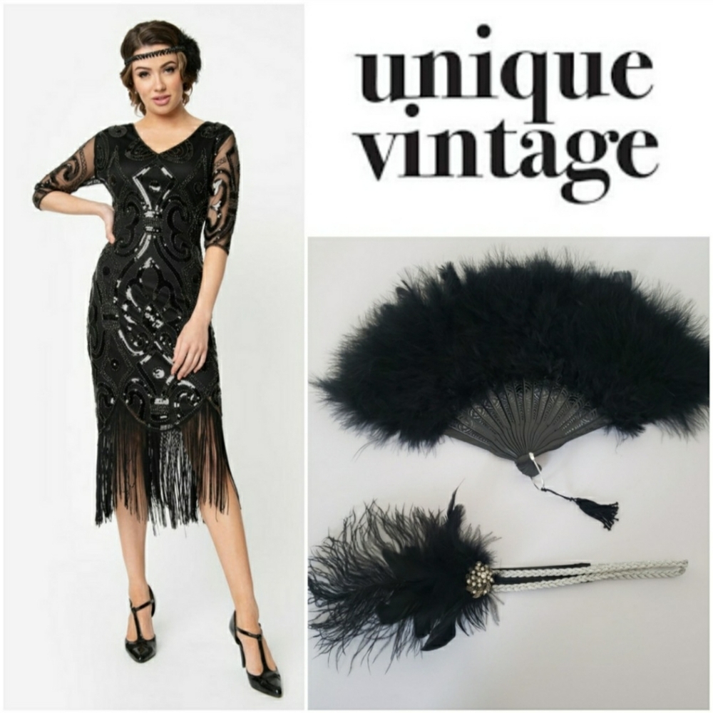 Flapper Dress Costume 1920s Black Sequins Sleeve Feather Headband XL Gatsby NyE